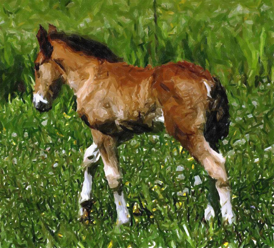 Mini Foal And Dandelions Miniature Horse Pastel by Olde Time  Mercantile