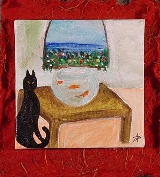 Miniature. Black Cat with Red Fishes Painting by Antonella Manganelli