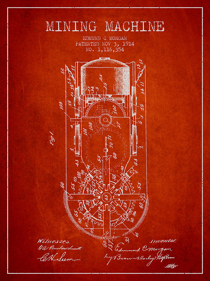 Vintage Digital Art - Mining Machine Patent From 1914- Red by Aged Pixel