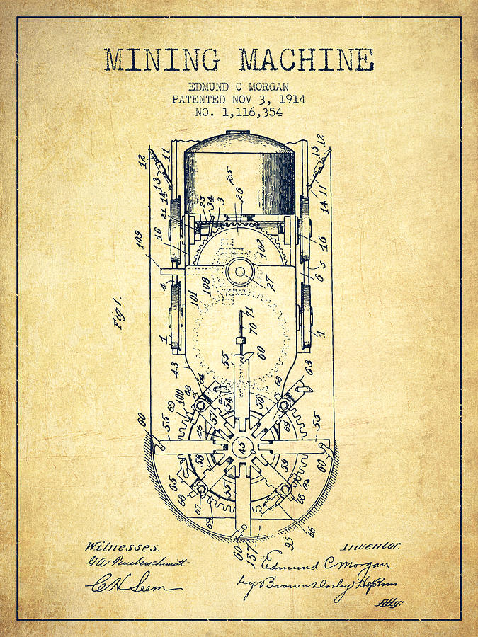 Mining Machine Patent From 1914- Vintage Digital Art by Aged Pixel