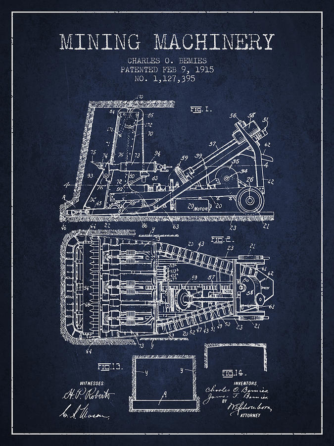 Vintage Digital Art - Mining Machinery Patent From 1915- Navy Blue by Aged Pixel