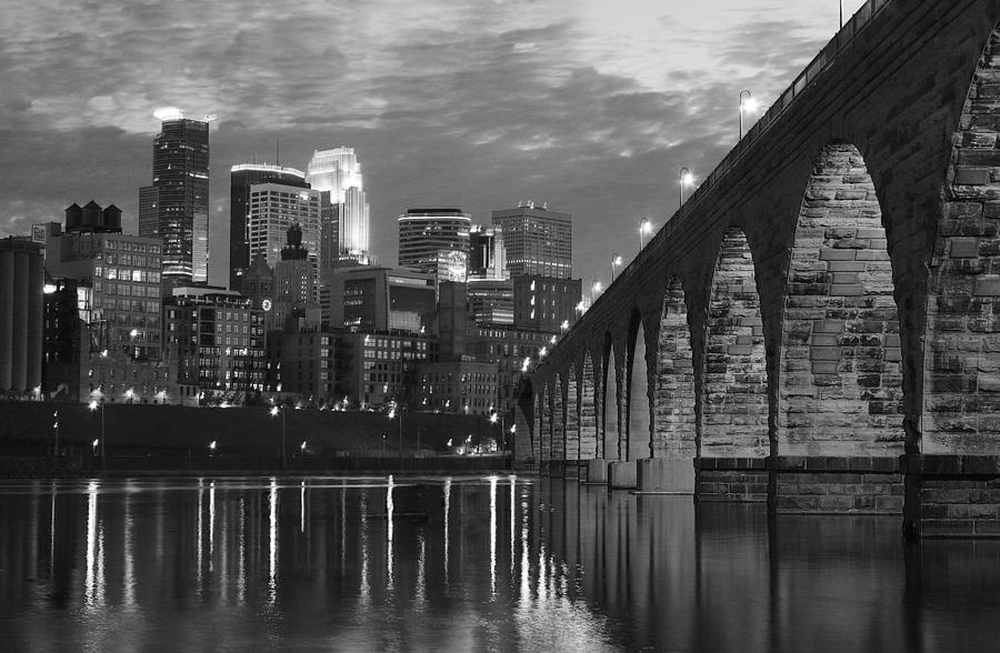 Minneapolis Stone Arch Bridge Bw Photograph by Wayne Moran