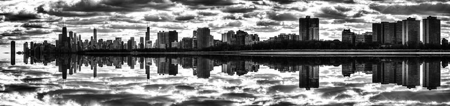 Chicago Skyline Photograph - Mirrored Chicago Skyline Black and White by Christopher Broste