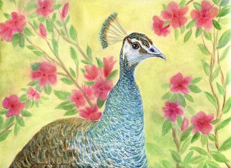 Miss Peahen in the Garden Painting by Jeanne Juhos