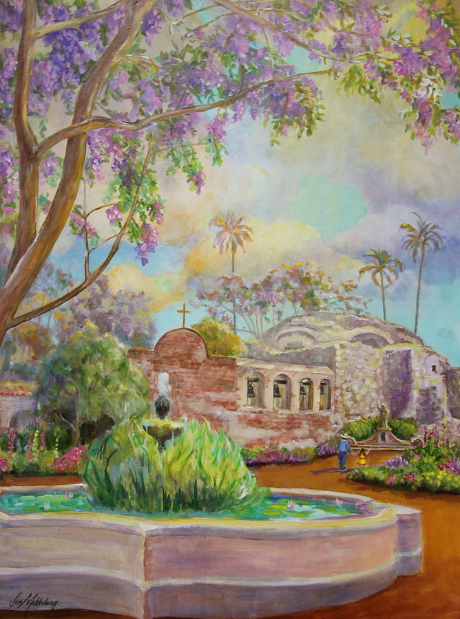 Mission San Juan Capistrano Painting - Mission Fountain and Ruins by Jan Mecklenburg