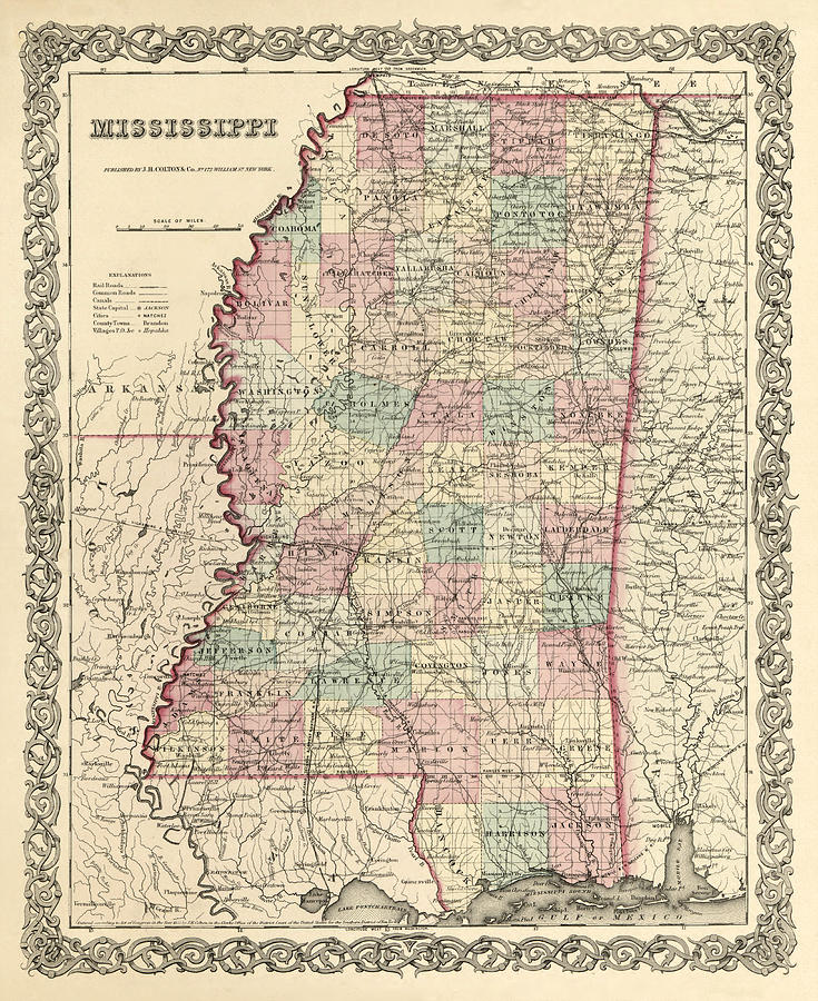 Mississippi Vintage Antique Map Drawing by World Art Prints And Designs