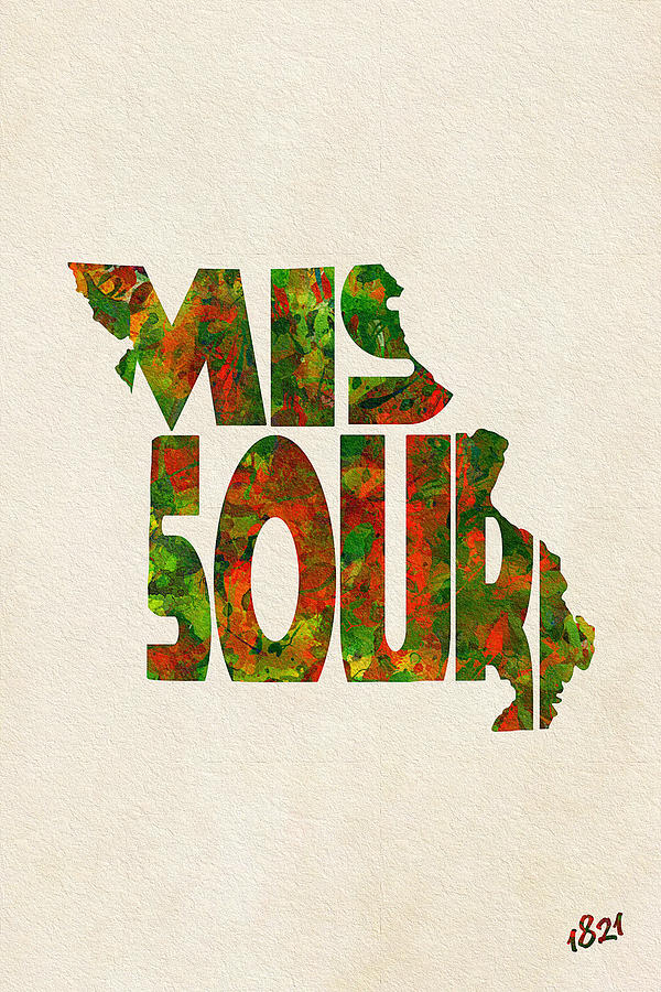 Missouri Map Digital Art - Missouri Typographic Watercolor Map by Inspirowl Design
