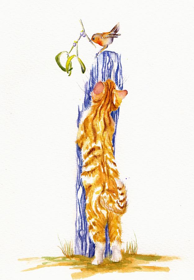Mistletoe - Stretching Ginger Kitten Painting by Debra Hall