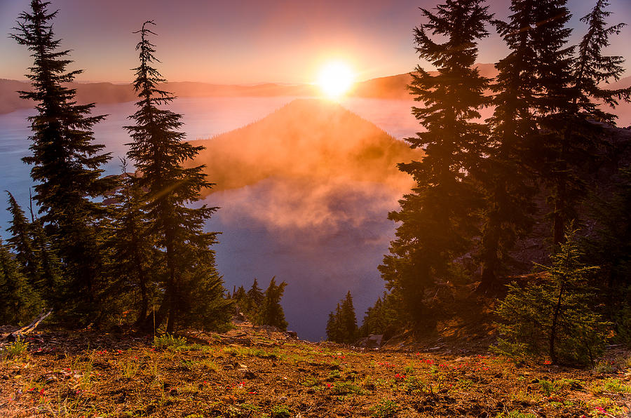 Mists and Sunrise over Crater Lake Photograph by Greg Nyquist