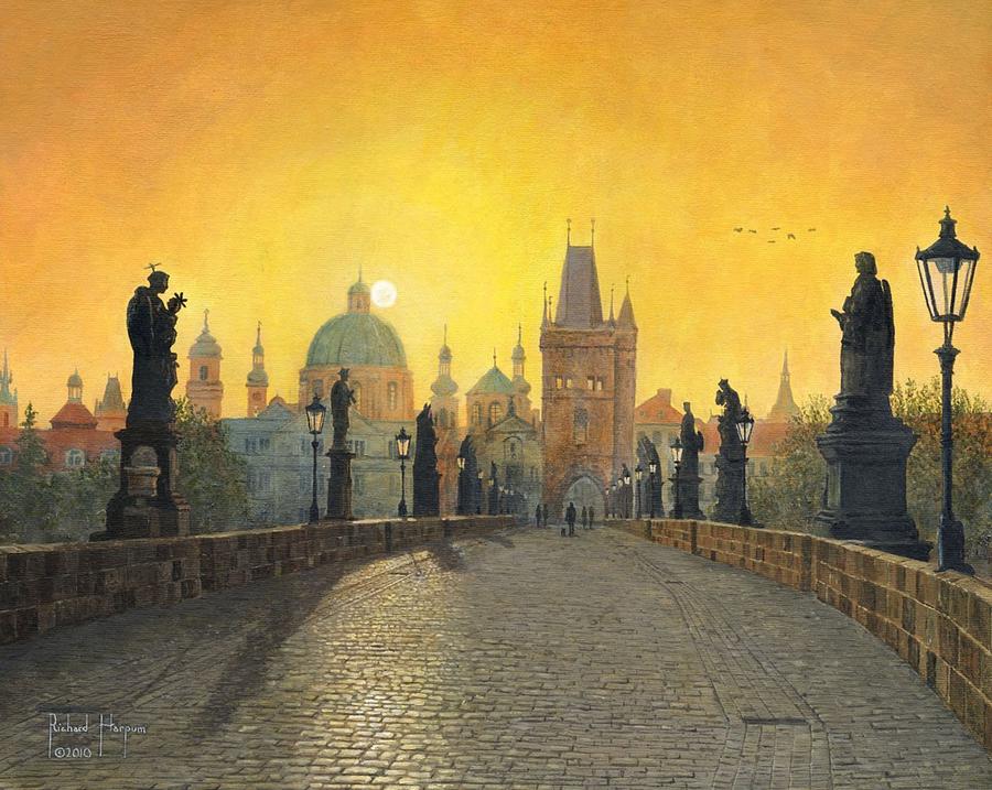 Landscape Painting - Misty Dawn Charles Bridge Prague by Richard Harpum