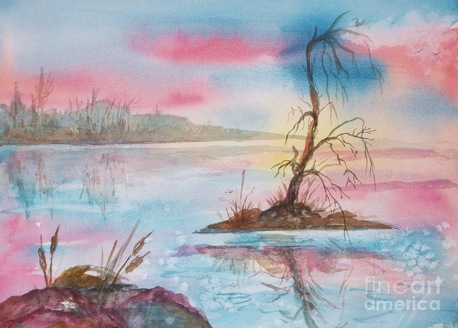 Misty Dawn Over Lone Tree Island  Painting by Ellen Levinson
