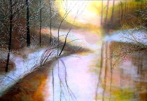 Misty icy golden creek Painting by Marie-Line Vasseur