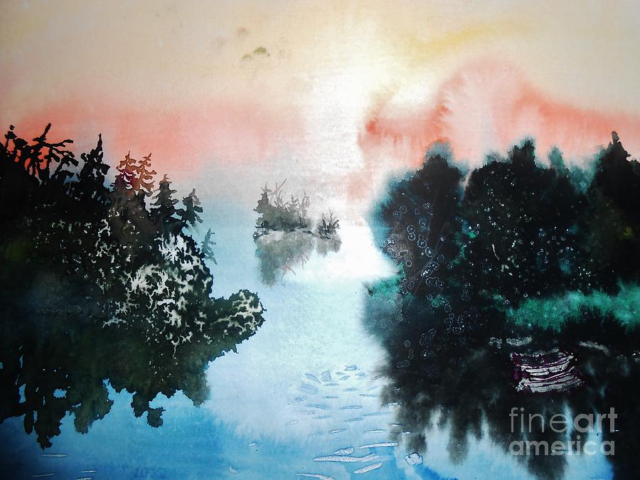Misty Island Lake At Dusk Painting