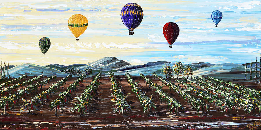 Abstract Painting - Misty Morning -Hot Air Balloons Over Vineyard by Christine Bell
