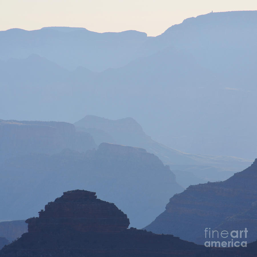 Misty Morning Silhouettes and Distant Desert View Watchtowerin Grand Canyon National Park Square Photograph by Shawn OBrien