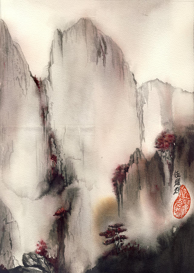 Misty Mountain With Red Trees Painting by Alfred Ng
