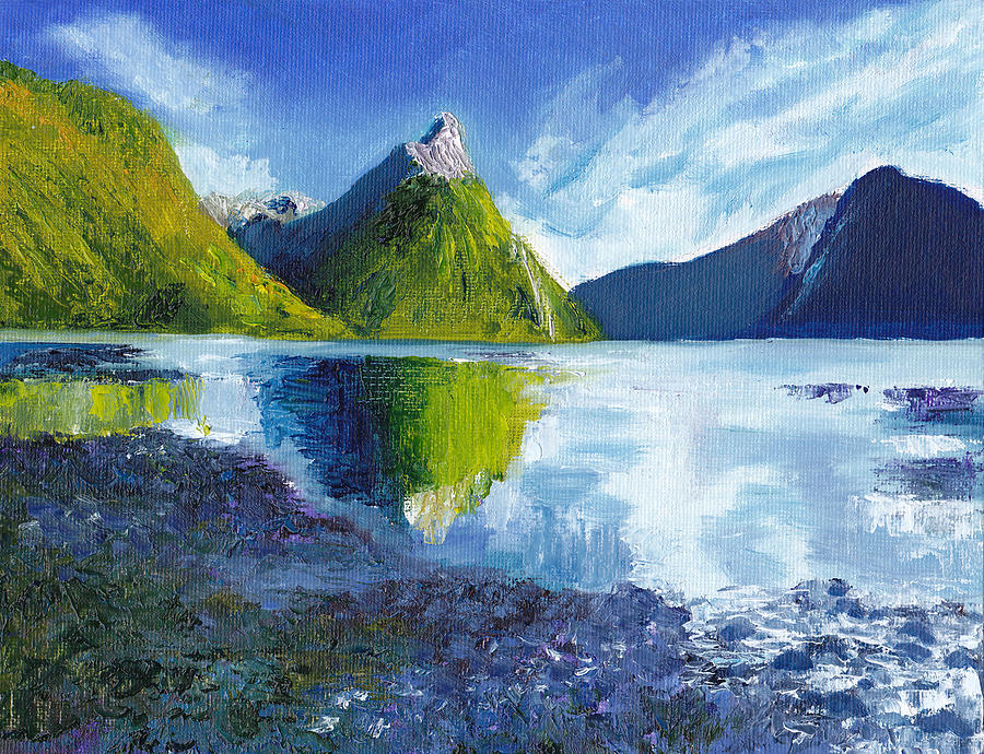 Beach Painting - Mitre Peak on Milford Sound in New Zealand by Dai Wynn