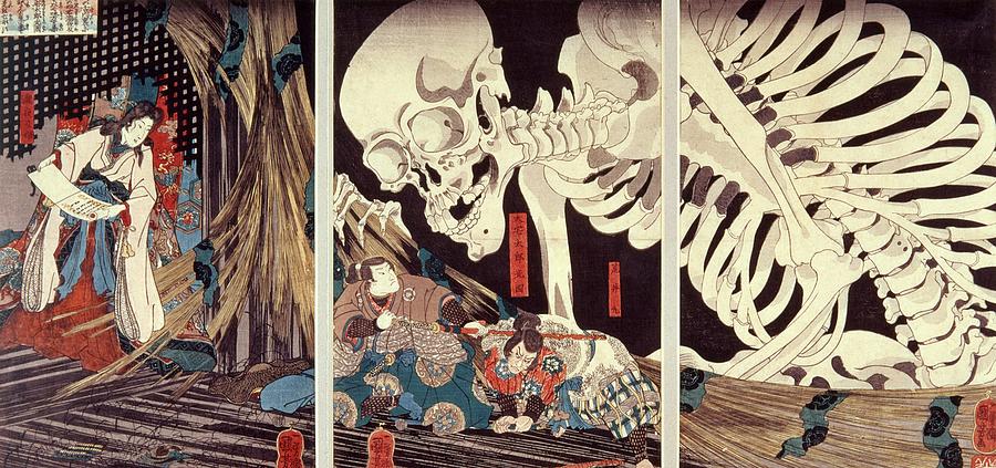 Ghost Photograph - Mitsukini Defying The Skeleton Spectre, C.1845 Hand Coloured Woodcut Print by Utagawa Kuniyoshi