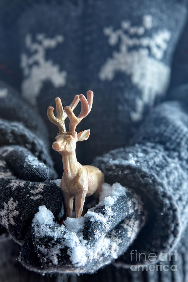 Mittened hands with snow holding a wooden reindeer Photograph by Sandra Cunningham