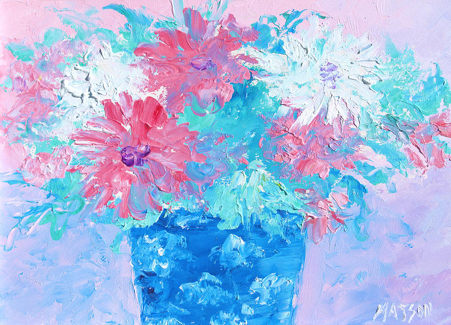 Mixed Chrysanthemums in blue vase Painting by Jan Matson