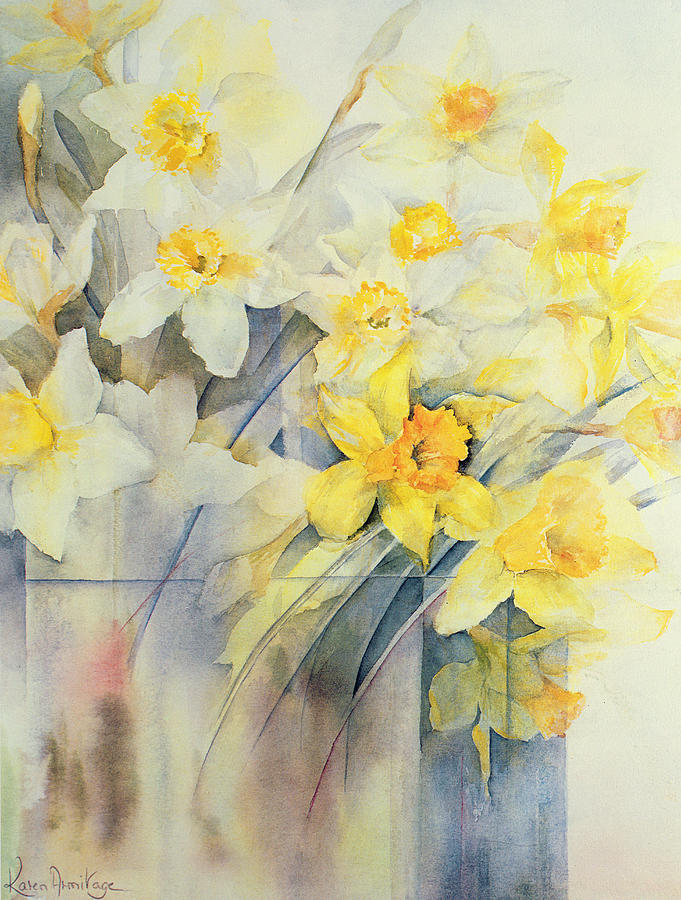 Still Life Painting - Mixed Daffodils In A Tank by Karen Armitage