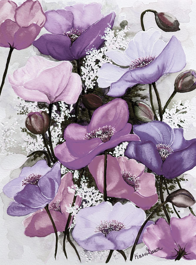 Mixed Poppies  Purple Painting by Karin  Dawn Kelshall- Best