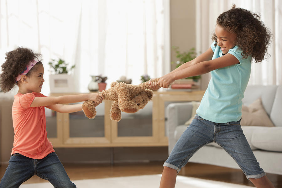 Mixed race sisters fighting over teddy bear Photograph by Jose Luis Pelaez Inc