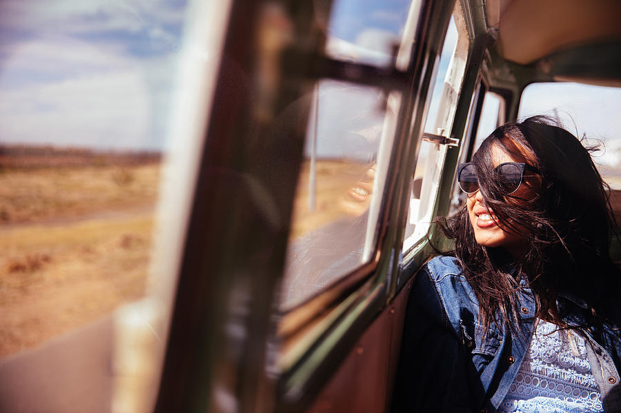 Mixed Raced Hipster Woman Smiling in Retro Van Road trip Photograph by Wundervisuals