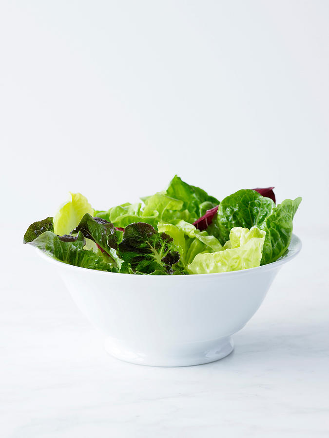 Mixed salad leaves in white bowl Photograph by Brett Stevens