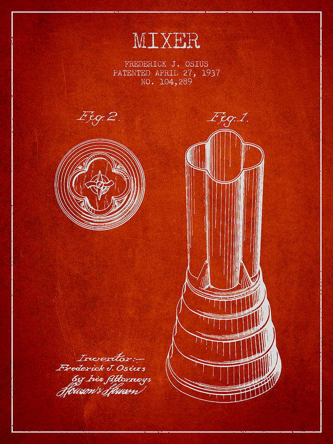 Martini Digital Art - Mixer Patent from 1937 - Red by Aged Pixel