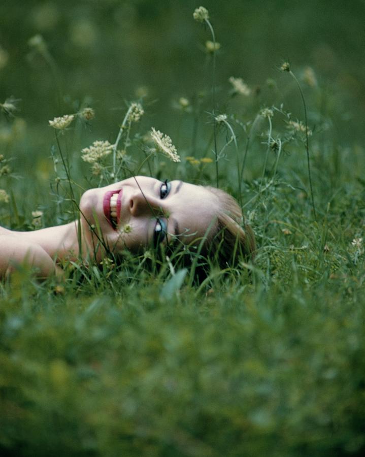 Model Gretchen Harris Lying In A Field Photograph by Karen Radkai