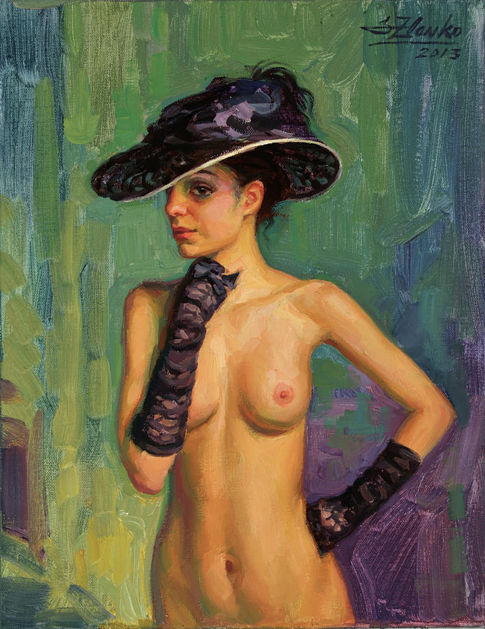 Model in black hat. Painting by Serguei Zlenko