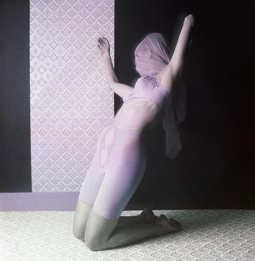 Model In Underwear With Scarf Over Face Photograph by Horst P. Horst