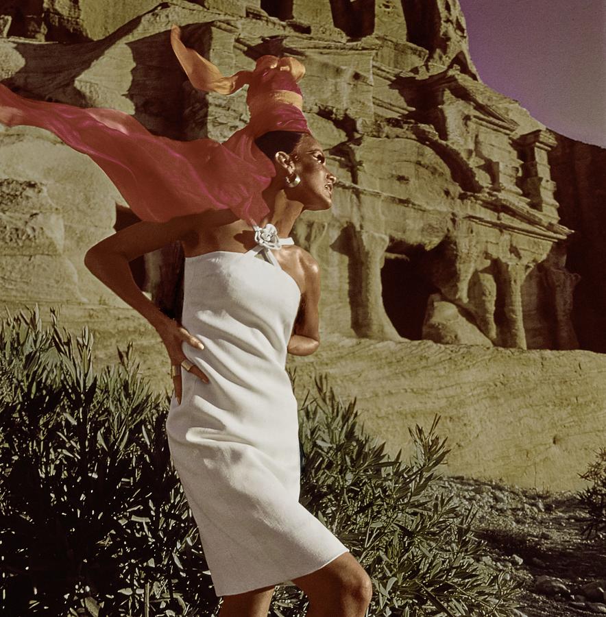 Model In White Linen Dress At Petra Photograph by Henry Clarke