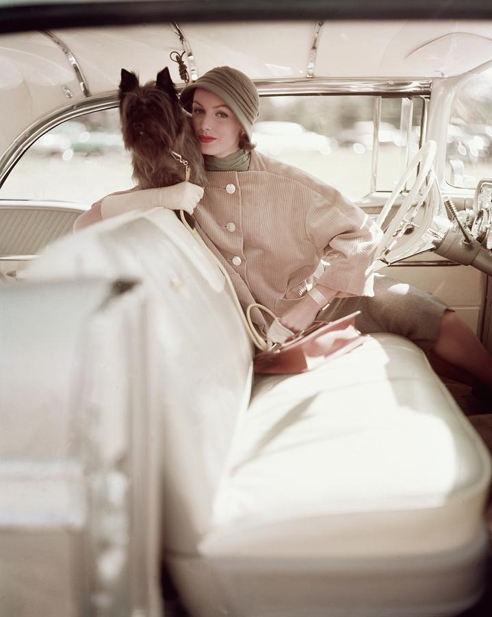 Model Posing With A Dog In The Front Seat Photograph by Karen Radkai