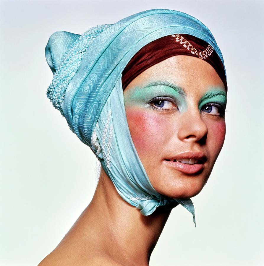 Model Wearing A Blue Headscarf Photograph by Bert Stern