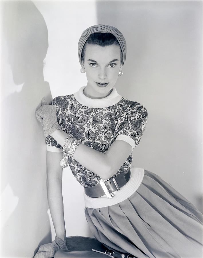 Model Wearing A Greta Plattry Sweater And Skirt Photograph by Horst P. Horst
