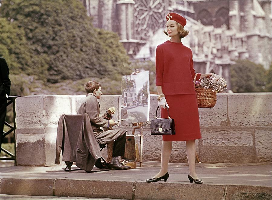 Model Wearing A Red Outfit With The Notre-dame De Photograph by Frances McLaughlin-Gill
