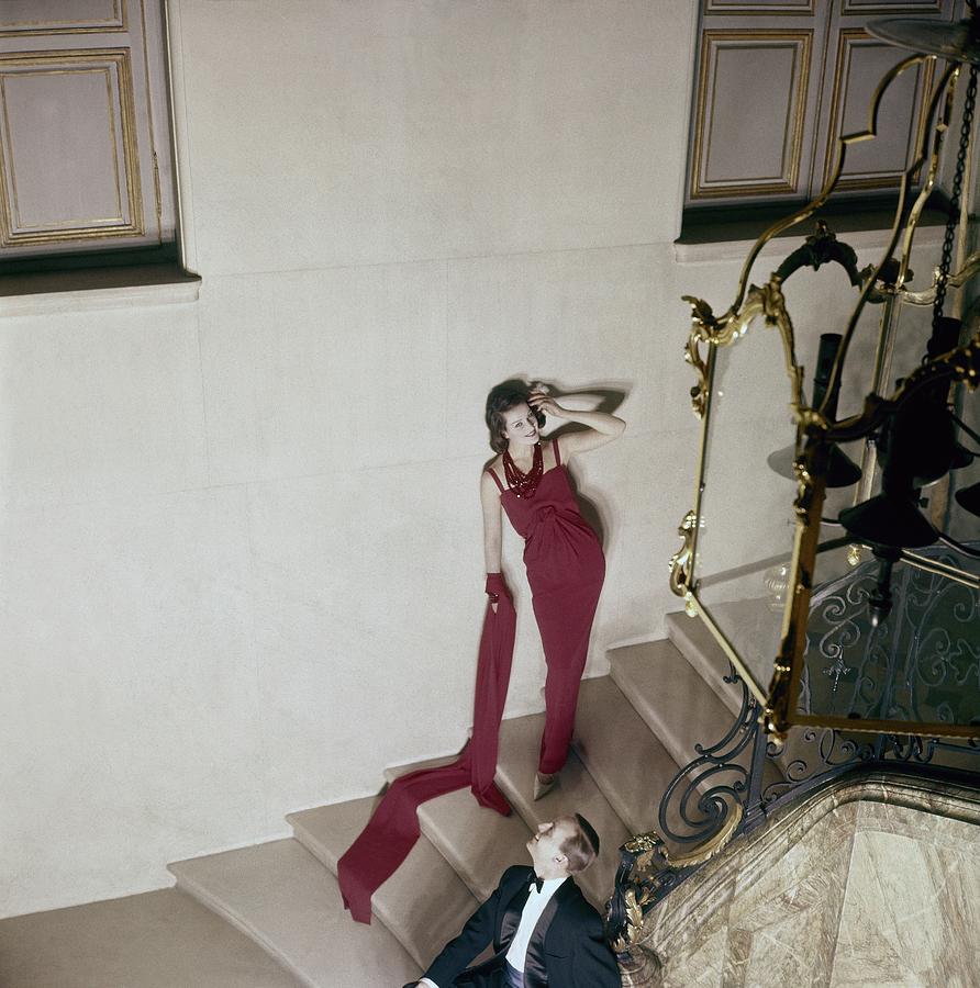 Model Wearing A Red Silk Crepe Evening Dress Photograph by Henry Clarke