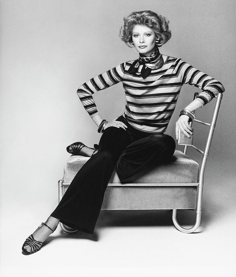 Model Wearing A Striped Blouse Photograph by Francesco Scavullo