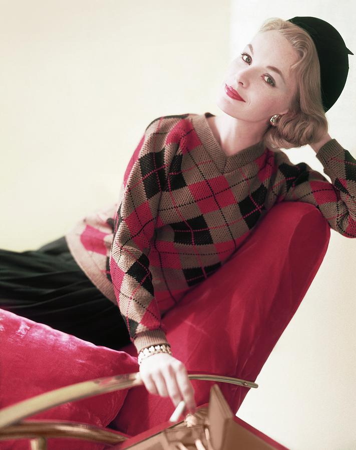 Model Wearing Argyle Sweater And Beret Photograph by Horst P. Horst