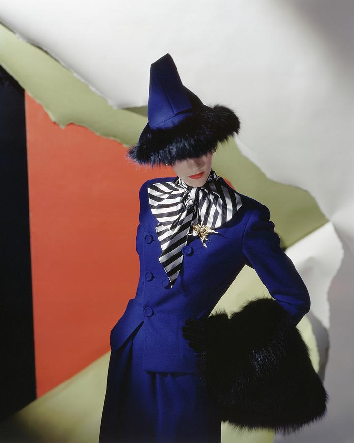 Model Wearing Blue Suit And Hat Photograph by Horst P. Horst