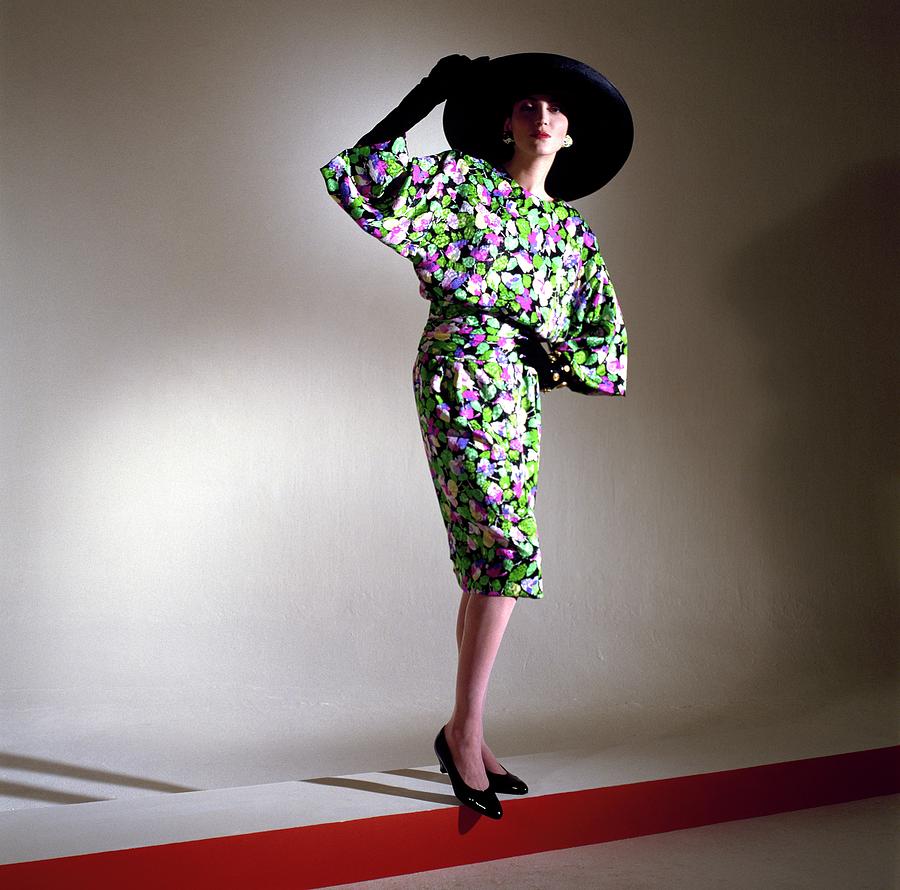 Model Wearing Floral Dress With Hat Photograph by Horst P. Horst