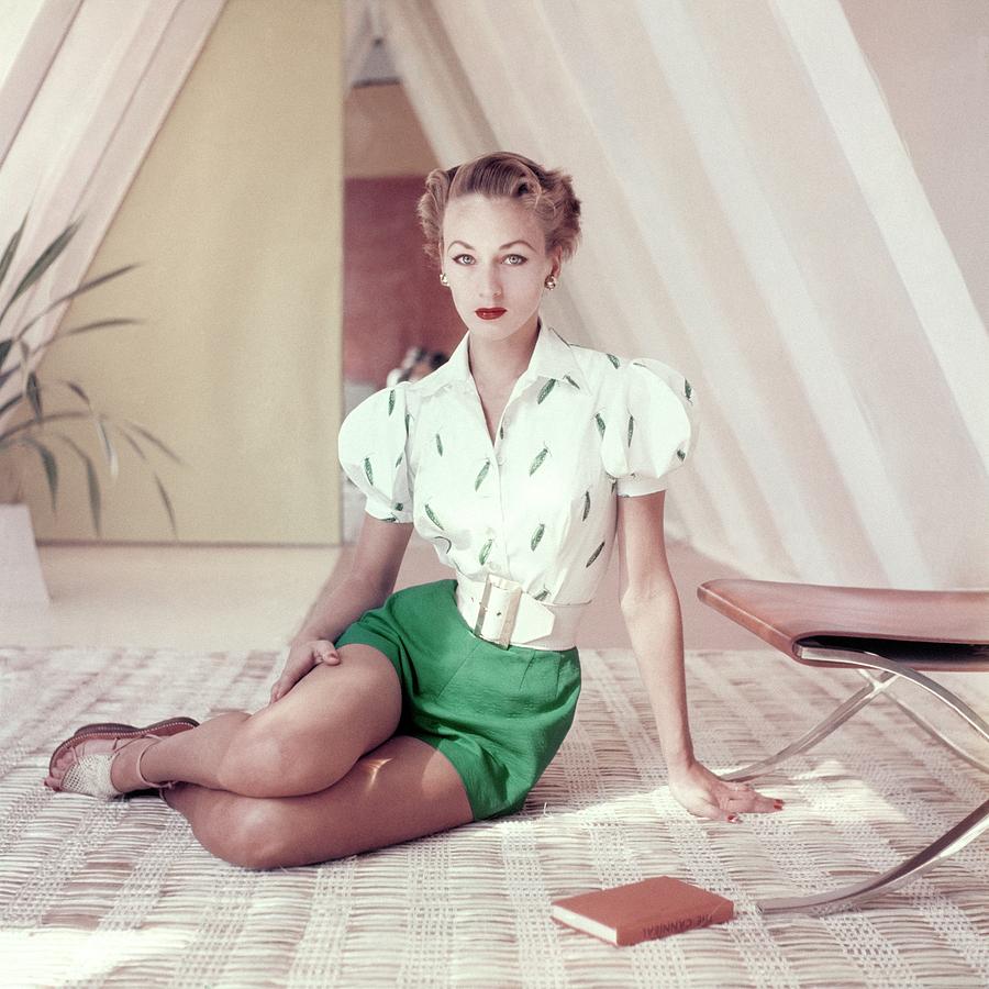 Model Wearing Green Shorts And An Embroidered Photograph by Frances McLaughlin-Gill