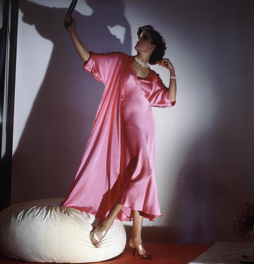Model Wearing Pink Nightgown And Robe Photograph by Horst P. Horst