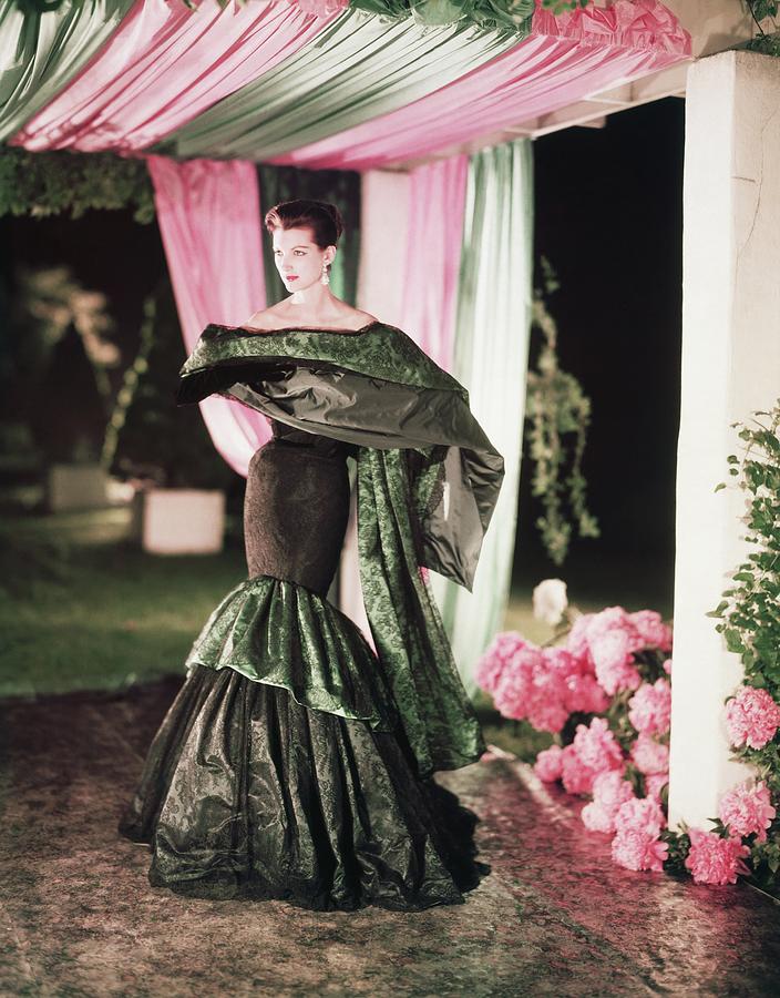 Model Wearing Ruffled Dress And Wrap Photograph by Horst P. Horst