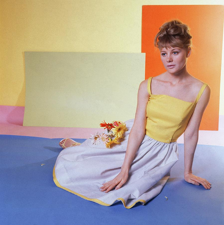 Model Wearing White And Yellow Dress Photograph by Horst P. Horst