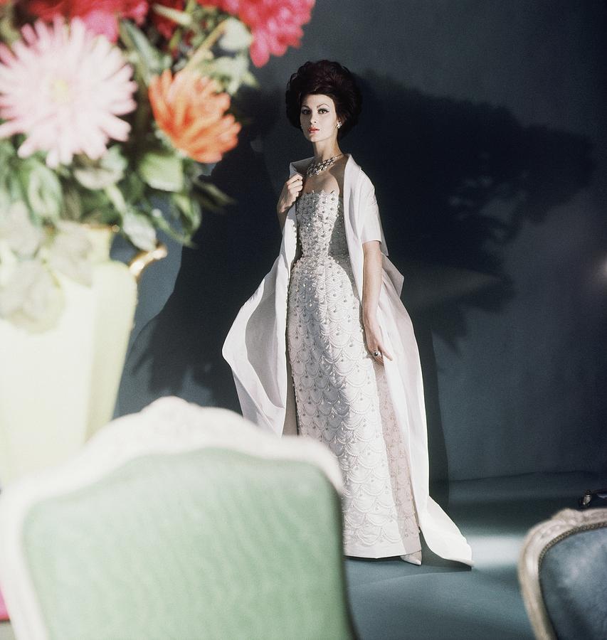Model Wearing White Evening Gown And Stole Photograph by Horst P. Horst
