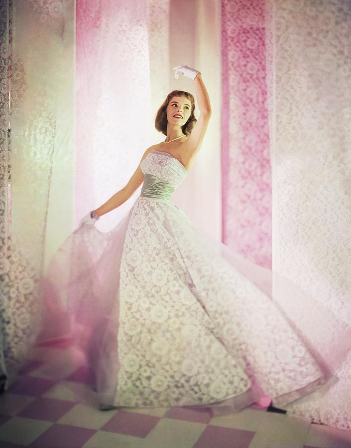 Model Wearing White Lace Dress Photograph by Horst P. Horst