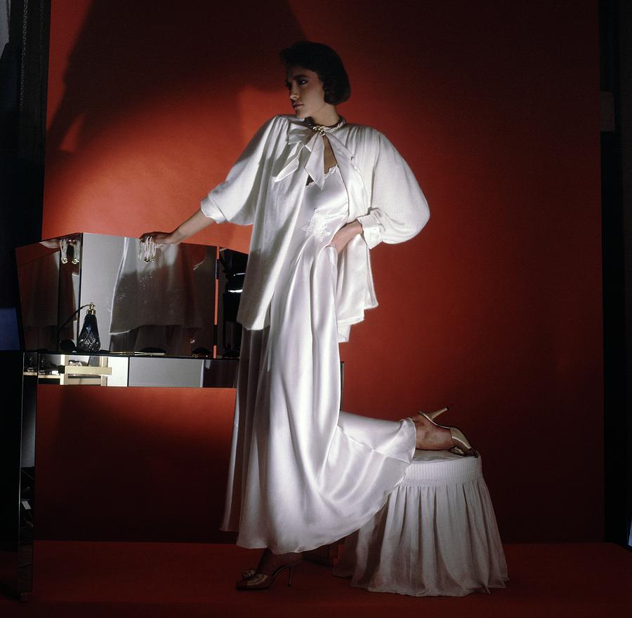 Model Wearing White Nightgown And Jacket Photograph by Horst P. Horst